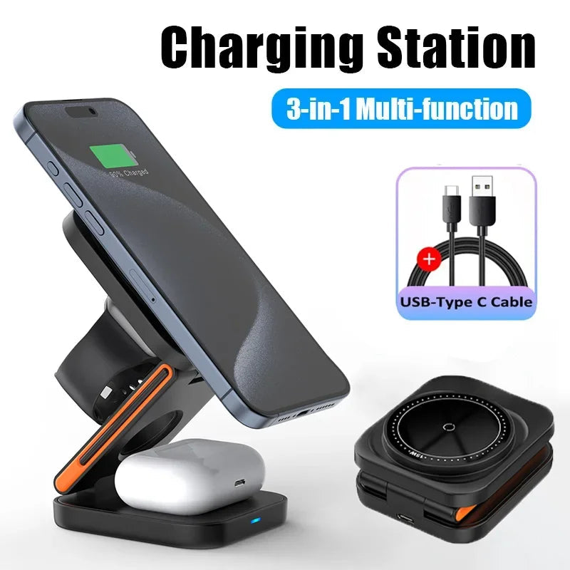 3 in 1 Foldable Charging Station Fast Magnetic Wireless Charger Stand for iPhone 17 16 15 14 13 12 Apple Watch 8 7 6 Airpods Pro sayaragear