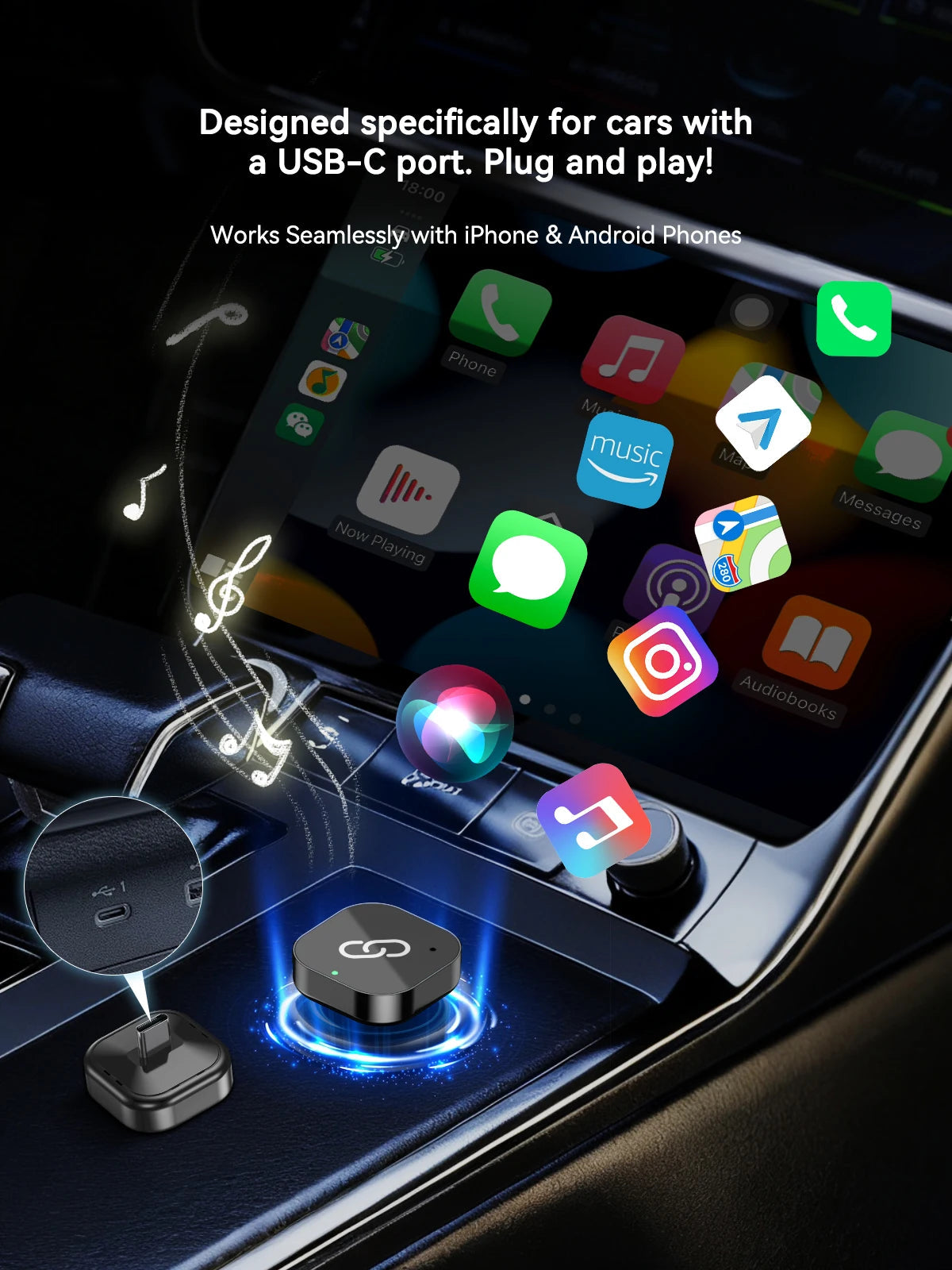 Spedal 2025 Latest Wireless CarPlay Apapter USB CarPlay & Android Auto,Type-C Port,Converts Wired to Wireless,Plug & Play,Auto-C sayaragear