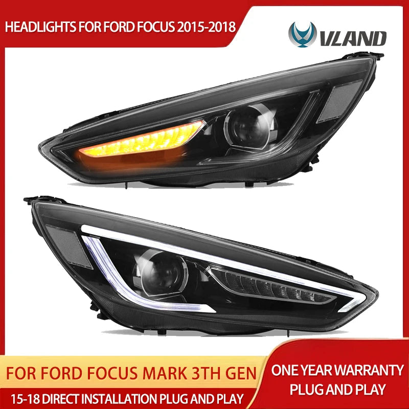 Vland 15-18 Focus Mark 3th Gen Facelift Dual Beam Projector Headlights Black sayaragear