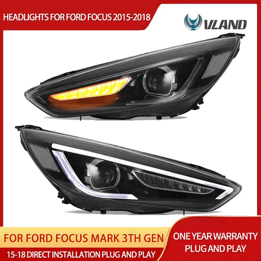 Vland 15-18 Focus Mark 3th Gen Facelift Dual Beam Projector Headlights Black sayaragear