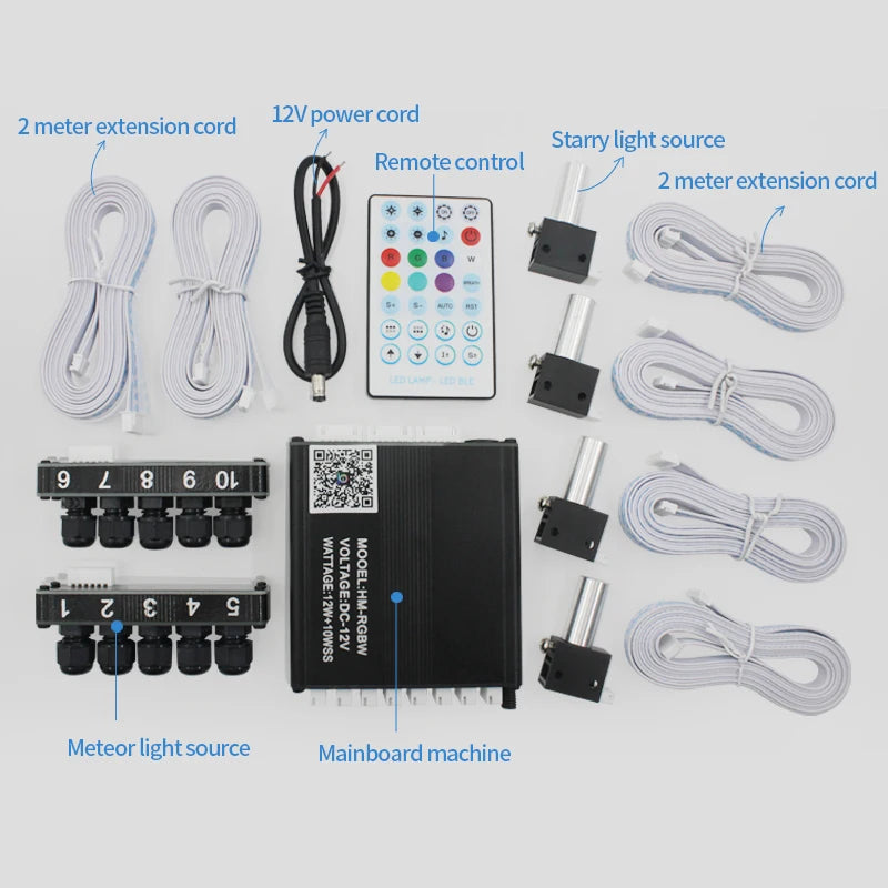 12V Car Starry Sky Ceiling Fiber Optic Modification with App Bluetooth Control, Full Sky Star Panoramic Sunroof Split-Line Light Source Device, White Light Starry Sky Lamp sayaragear