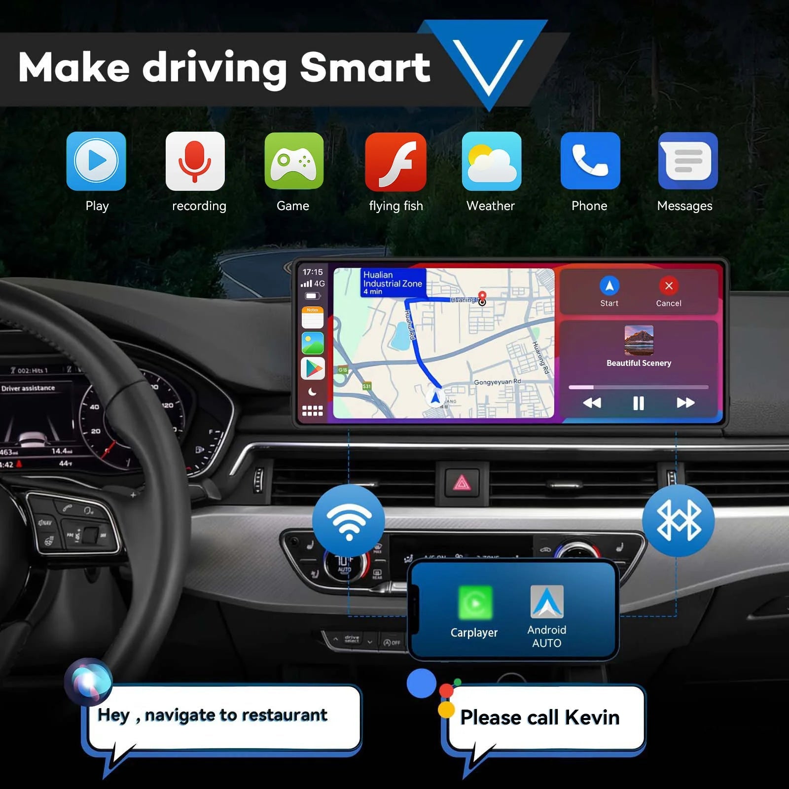 Universal Portable Wireless Carplay Screen for Car with Android Auto Touchscreen Car Stereo System sayaragear