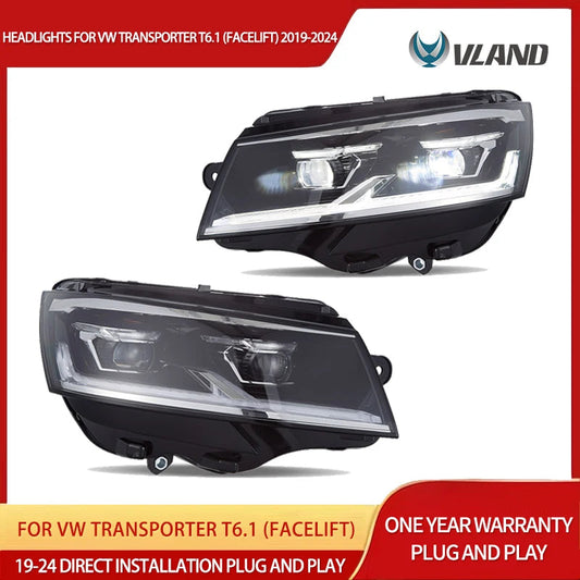 VLAND LED Dual Beam Projector Headlights Black Fit 2019-2024 VW Transporter T6.1 Facelift Headlamps sayaragear