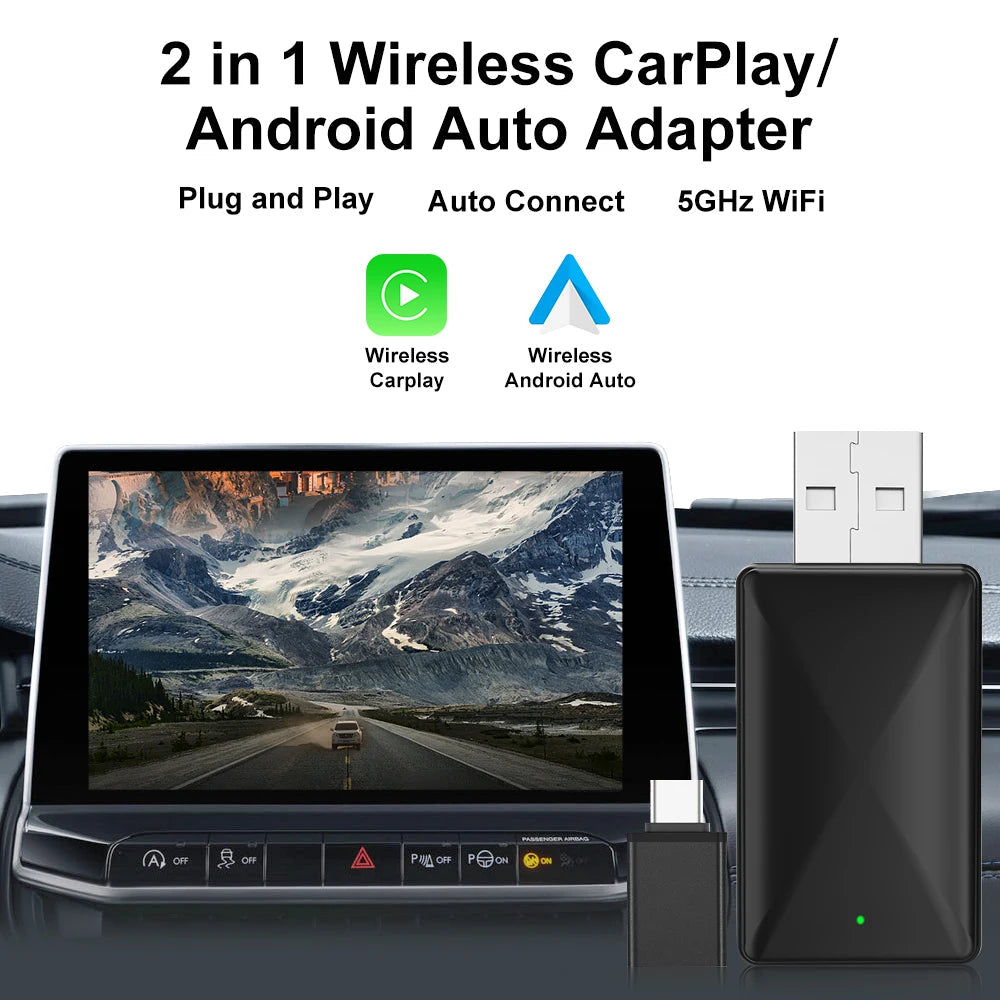 Wired To Wireless Carplay Android Auto 2in1 Wireless Adapter Carplay Wireless Adapter  for OEM Car Stereo with USB Plug and Play sayaragear