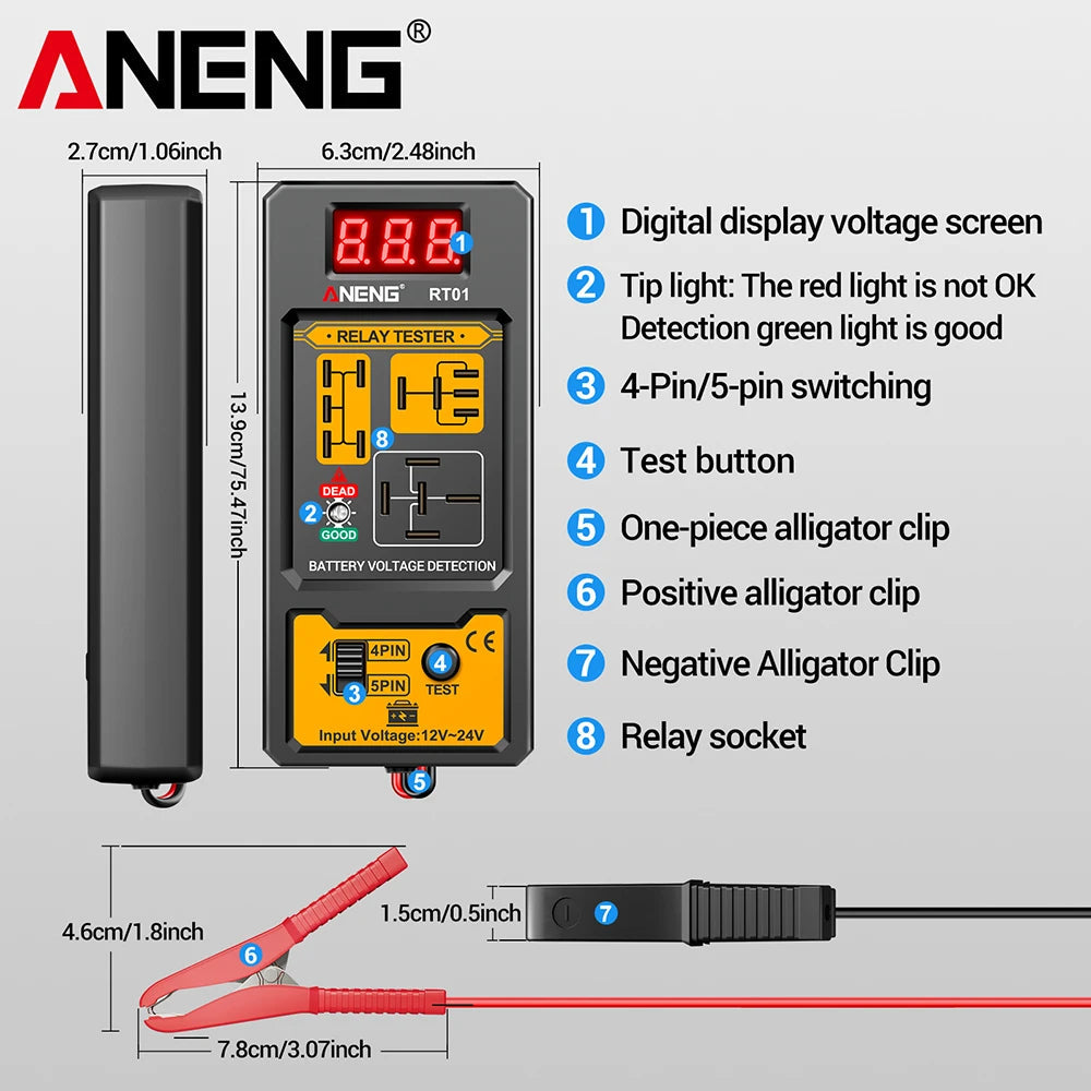 ANENG 11-25V Relay Detector RT01 Digital Universal 4/5 Pins Car Battery Vehicle Detection Digital Display Voltage Battery Tester sayaragear