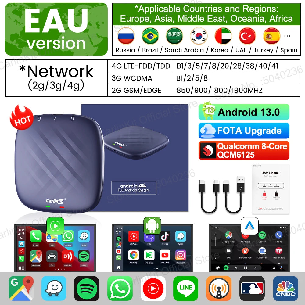 Android 13 CarlinKit Android Auto Wireless CarPlay AI TV Box QCM6125 8-Core Split Screen 64G 128G For Netflix YouTube Play Store sayaragear