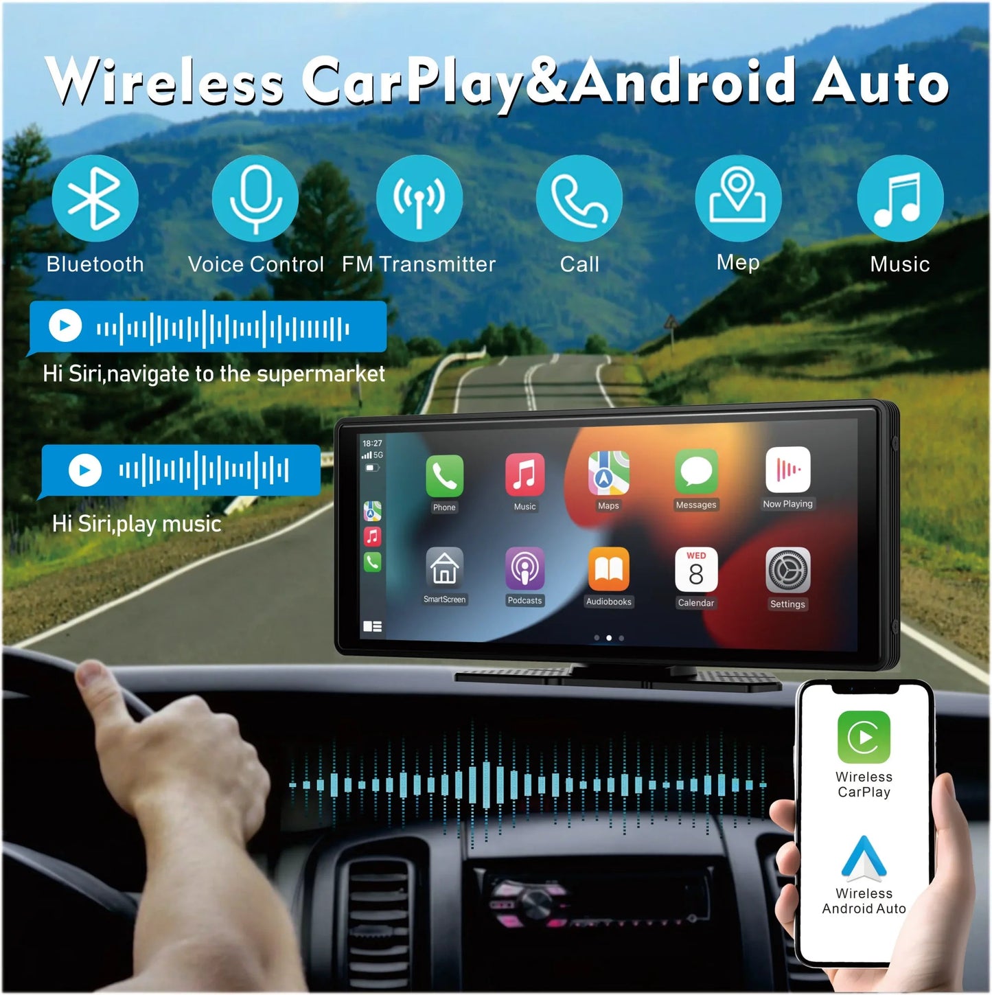 Universal Portable Wireless Carplay Screen for Car with Android Auto Touchscreen Car Stereo System sayaragear
