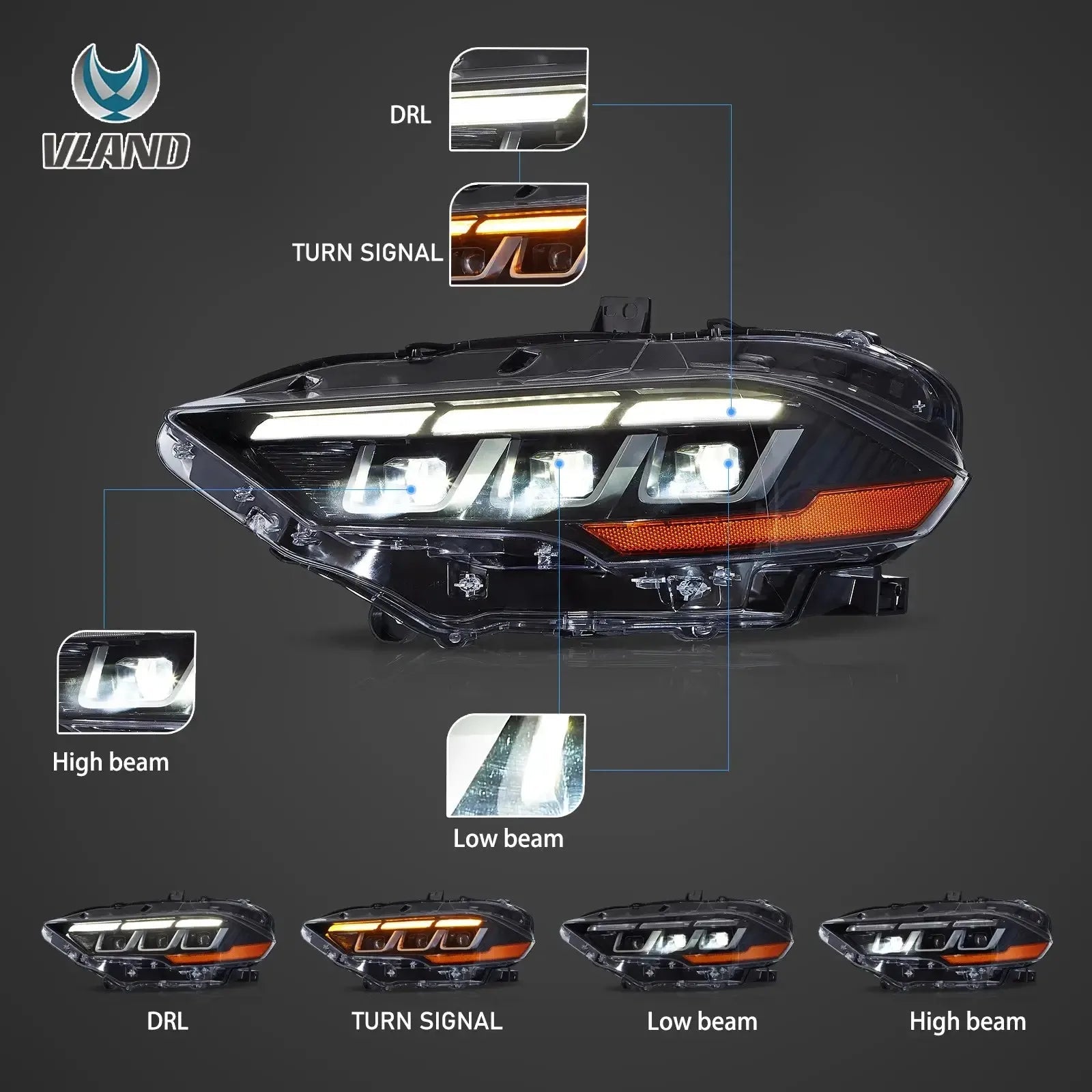 Vland 2018-2023 Mustang Headlights Full LED With S650 Style sayaragear