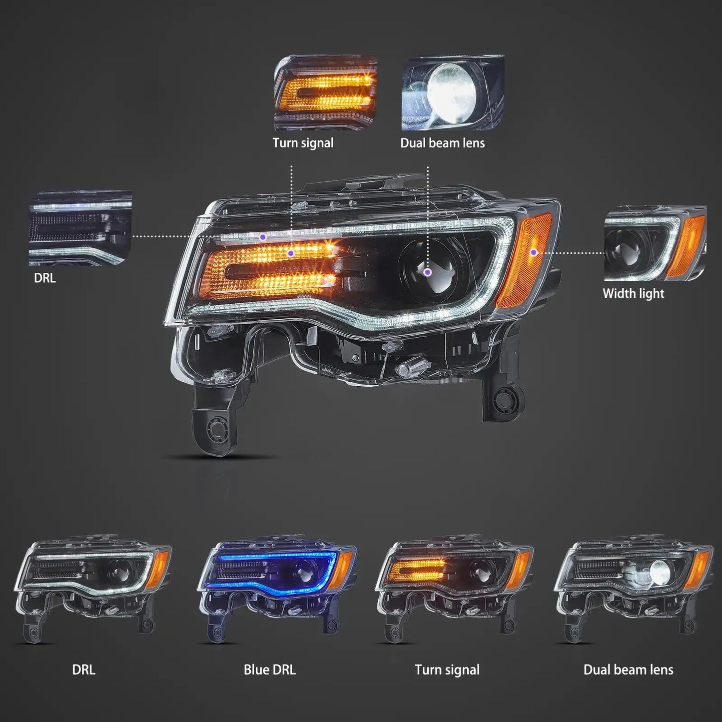 Vland 2014-2022 Grand Cherokee (WK2) LED Headlights With Startup Animation/ Blue DRL sayaragear