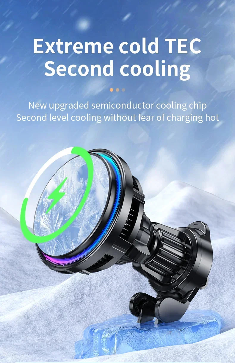 ice Cooling Magnetic Wireless Car Charger Stand for iPhone 16 15 14 13 12 Pro Max MacSafe Car Phone Holder Fast Charging Station sayaragear