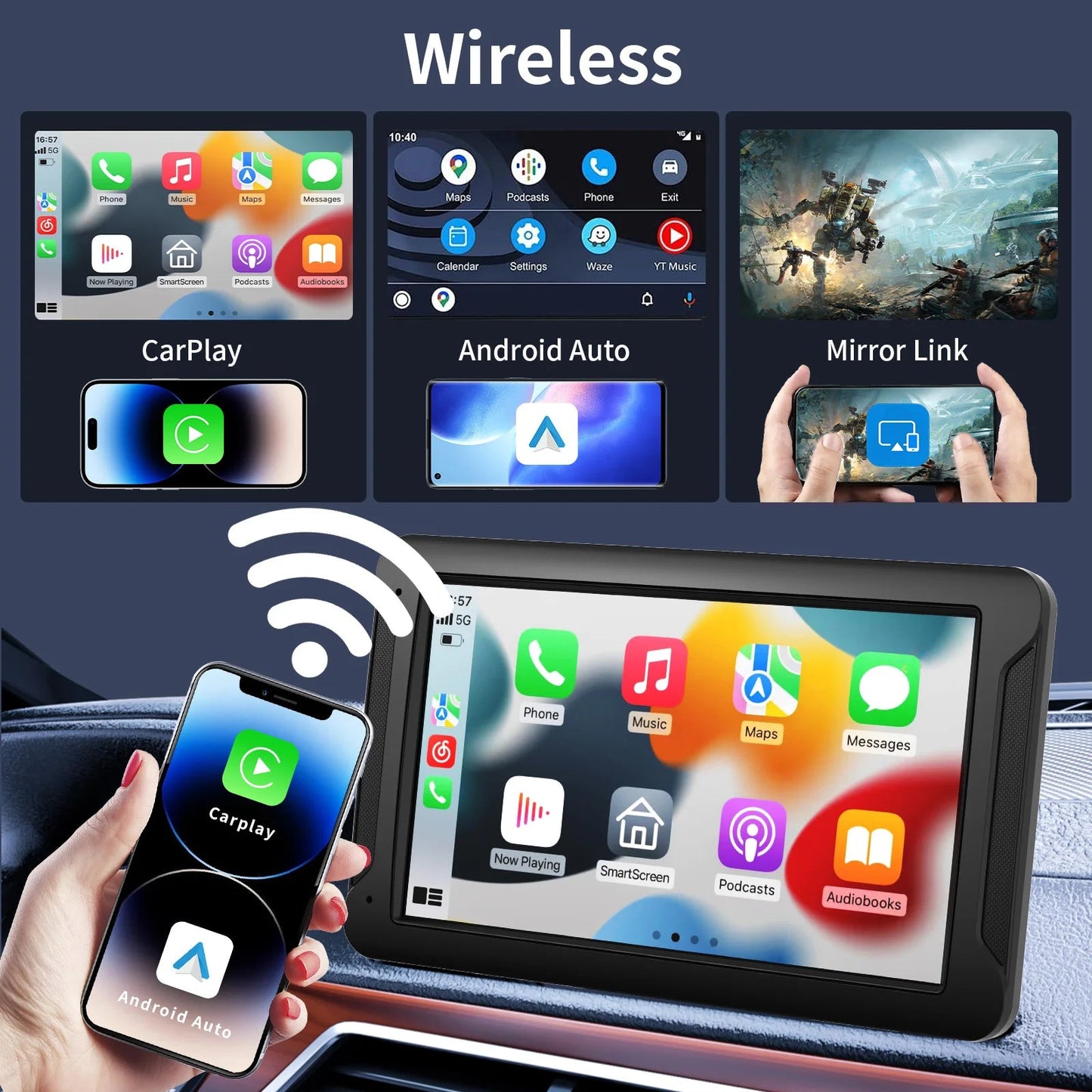 Pionray Portable CarPlay 7'' Smart Touchscreen with Car Stereo, Wireless Android Auto/Mirror Link/ AUX Connection/FM/GPS sayaragear
