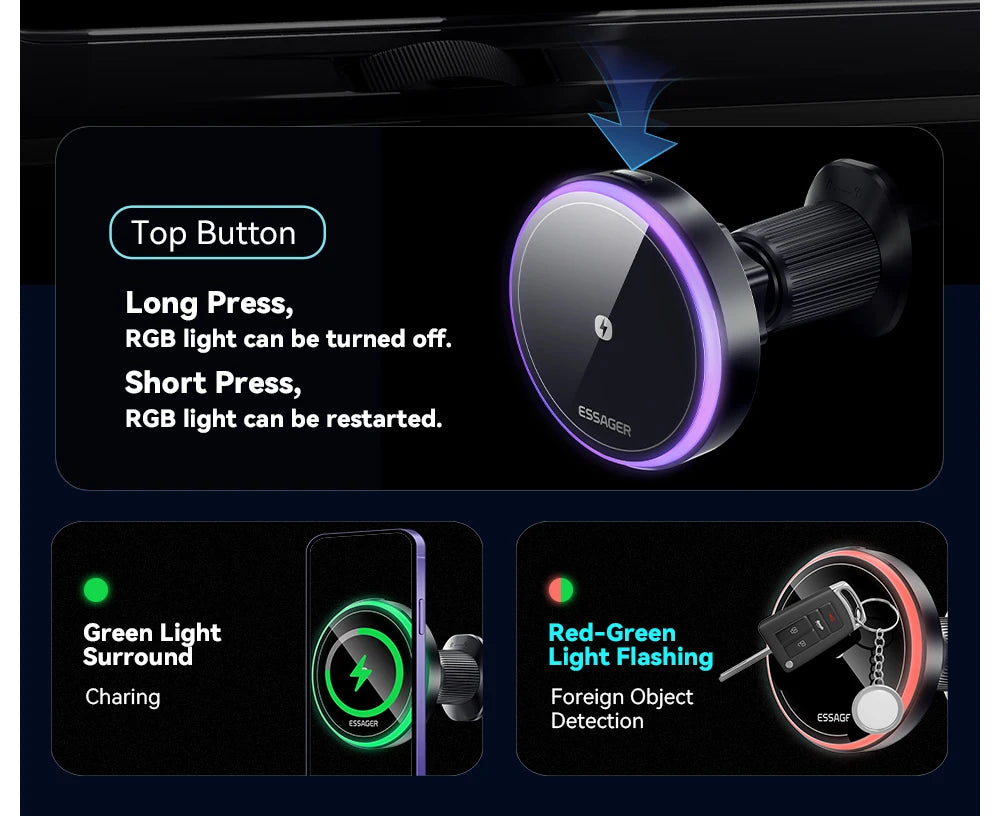 Essager 15W Magnetic Wireless Car Phone Holder Adjustable 360 degrees Car Charger For iPhone15 14 13 Pro Samsung Universal Phone sayaragear