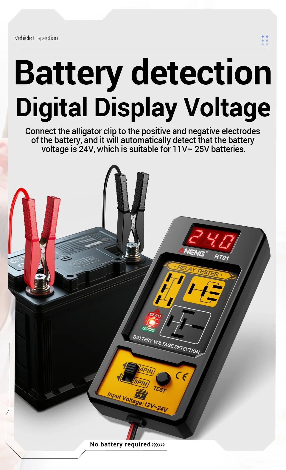 ANENG 11-25V Relay Detector RT01 Digital Universal 4/5 Pins Car Battery Vehicle Detection Digital Display Voltage Battery Tester sayaragear