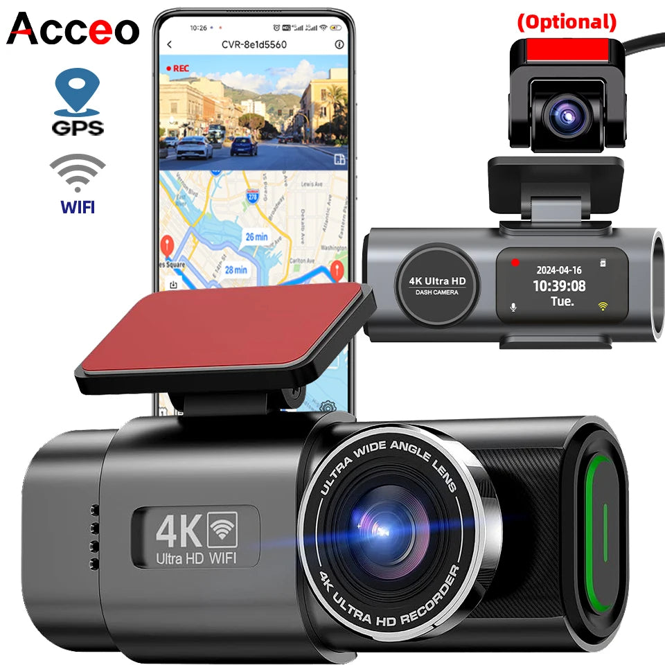 Dash Cam 4K UHD Recording Car Camera DVR Night Vision Video Recorder Built-In Wi-Fi Support GPS 24H Parking sayaragear