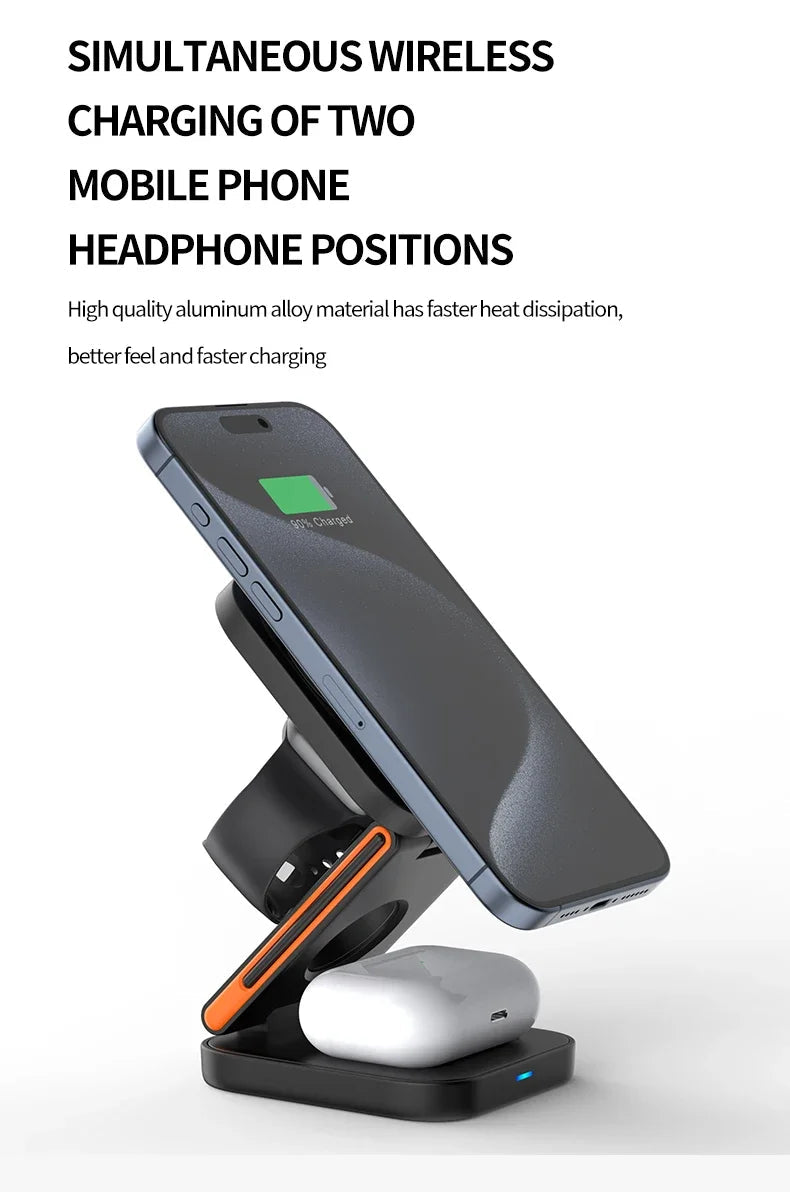 3 in 1 Foldable Charging Station Fast Magnetic Wireless Charger Stand for iPhone 17 16 15 14 13 12 Apple Watch 8 7 6 Airpods Pro sayaragear