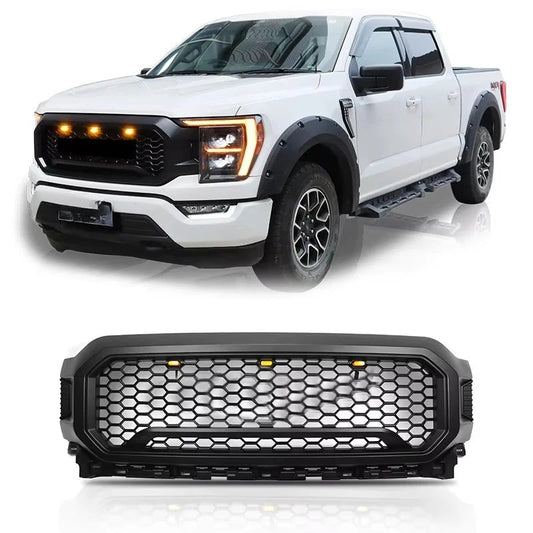 Spedking Black Front Bumper With Mesh Grille and LED Light ABS Material for FORD F150 2021+ Grillecustom sayaragear