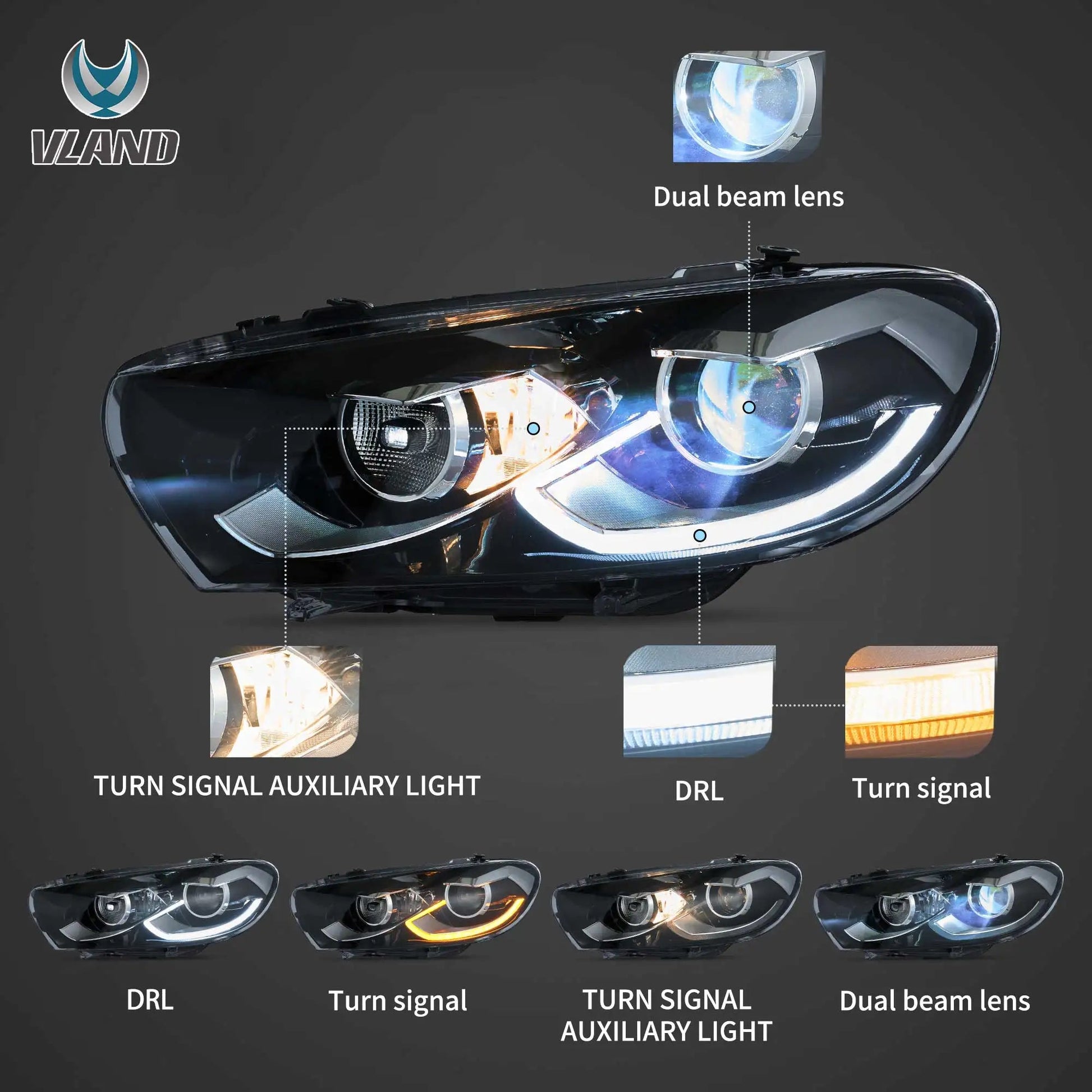 VLAND 2009-2014 Scirocco LED Projector Headlights With Start-up Animation sayaragear