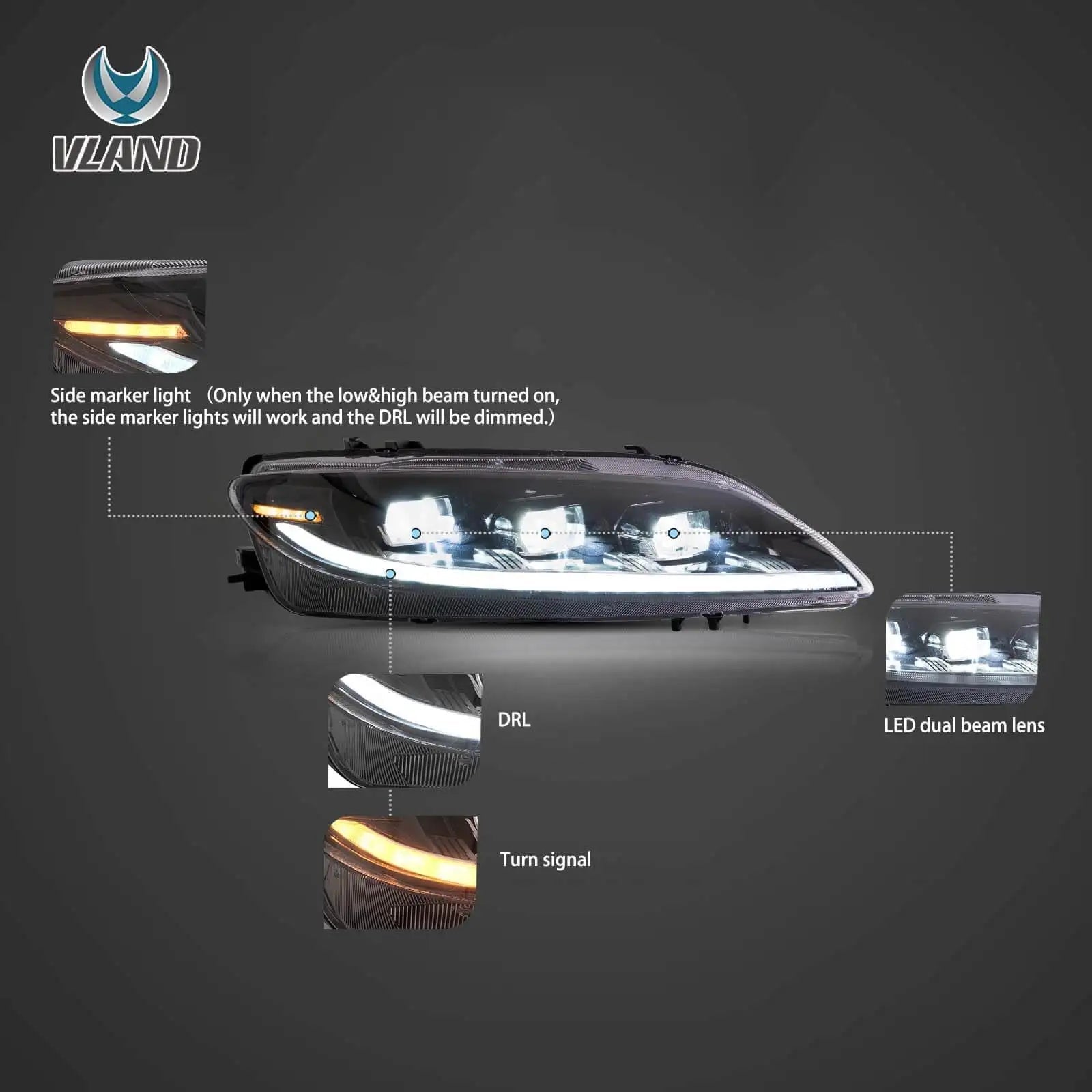 Vland 2002-2008 6 1th Gen (GG1) Pre-Facelift Sedan LED Matrix Projector Headlights Black sayaragear