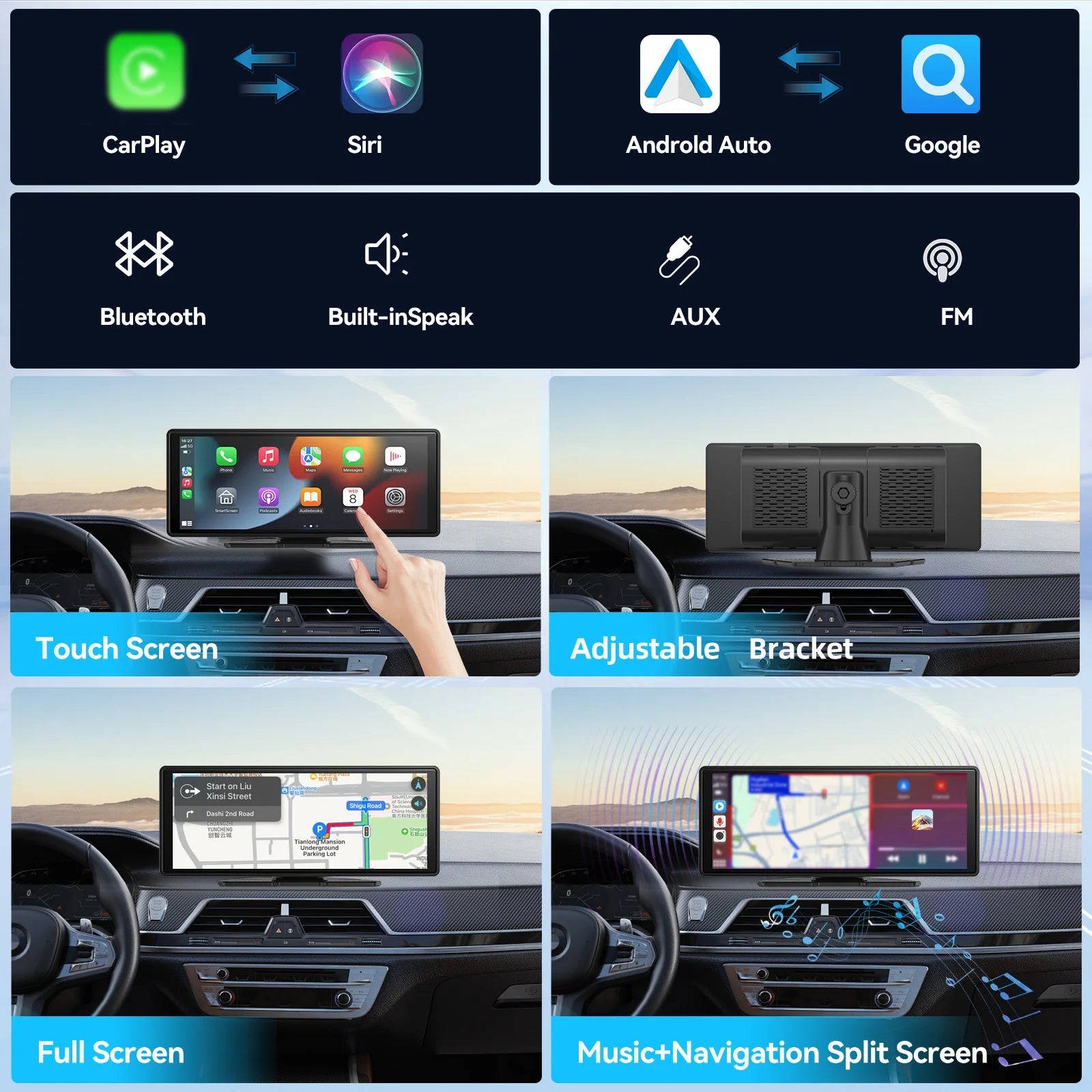 Universal Portable Wireless Carplay Screen for Car with Android Auto Touchscreen Car Stereo System sayaragear