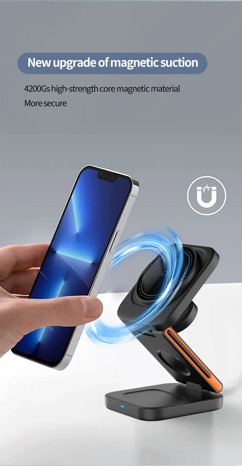 3 in 1 Foldable Charging Station Fast Magnetic Wireless Charger Stand for iPhone 17 16 15 14 13 12 Apple Watch 8 7 6 Airpods Pro sayaragear