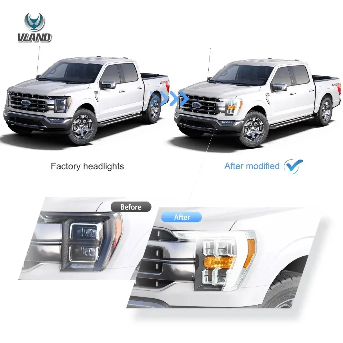Vland 21-23 F150 14th Gen LED Reflection Bowl HeadLights Chrome with High-Quality Illumination sayaragear
