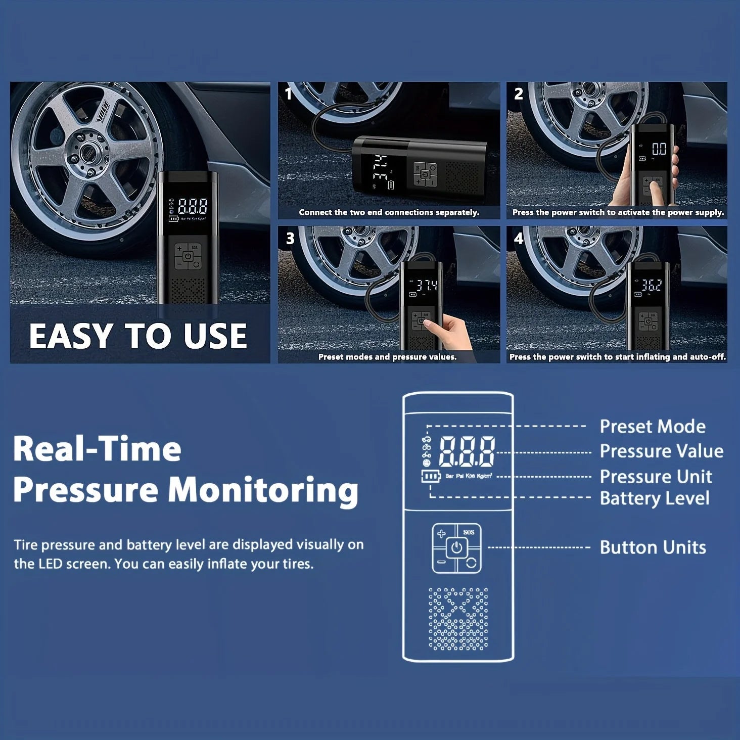 Portable Car Air Compressor 3X Faster 150PSI Cordless Tire Inflator Pump with Digital Gauge for Car Motorcycle Bike Air Pump sayaragear