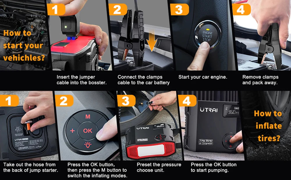 UTRAI 4 In 1 2000A Jump Starter Power Bank 16000mAh 150PSI Air Compressor Tire Pump Portable Charger Car Booster Starting Device sayaragear