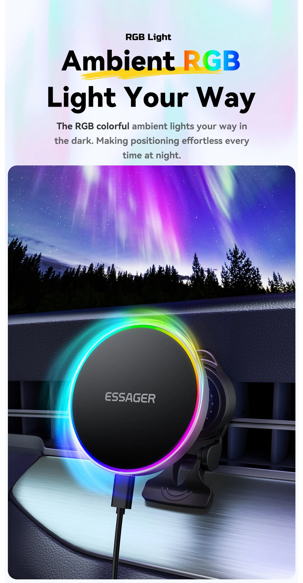 Essager 15W Magnetic Car Phone Holder Wireless Charger Stand For iPhone 16 15 14 13 Pro Max Charging for Magsafe Car Charger RGB sayaragear