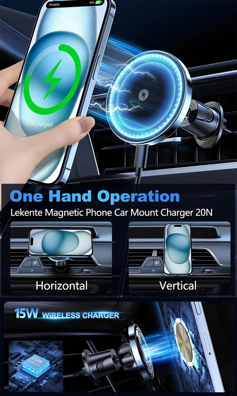 UYUXIO Strong Magnetic Wireless Car Phone Charger Adapter 15W Air Vent Car Phone Holder for iPhone 16 15 14 13 Pro Max Plus 12 sayaragear
