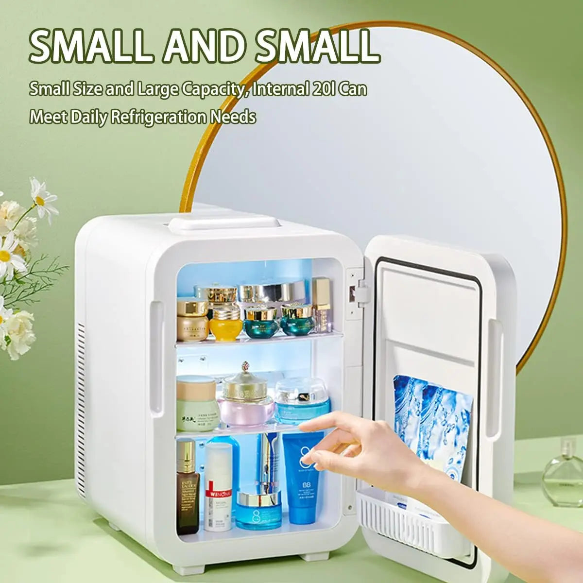 EKAQUZ Mini Fridge for Bedroom - Car, Office Desk & College Dorm Room - 12v Portable Cooler & Warmer for Food, Drinks, Skinca sayaragear