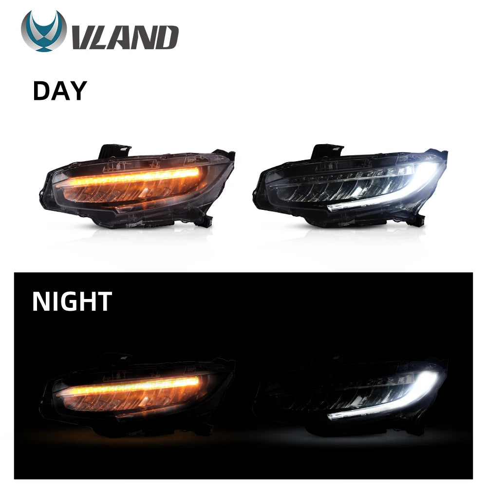 Vland factory car accessories for Car full LED lights for Civic headlight 2016-2018 with white DRL and yellow moving turn signal sayaragear
