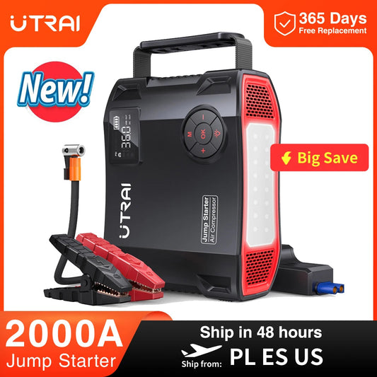 UTRAI 4 In 1 2000A Jump Starter Power Bank 16000mAh 150PSI Air Compressor Tire Pump Portable Charger Car Booster Starting Device sayaragear